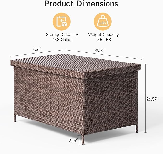 158 Gallon XL Deck Box with Lid, All Weather Wicker Outdoor Storage Box Waterproof, Large Outdoor Patio Storage Bin for Cushions, Garden Tools, Gears, Pool Accessories, Brown