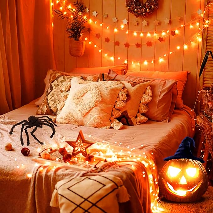 JMEXSUSS Connectable 33ft Halloween Lights Indoor, 100 LED Clear Wire Orange Lights for Halloween, 8 Modes Outdoor Orange Christmas String Light Plug in for Christmas Tree Party Decoration