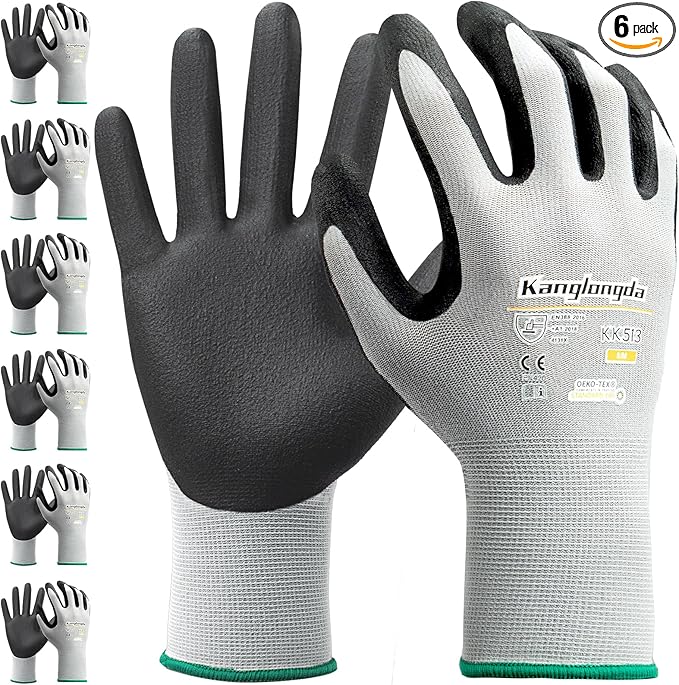 6-Paris Medium Work Gloves for Men and Women, Nitrile Coated Safety Protective Gloves with Grip, Ideal for Gardening, Warehouse, Mechanic, Light Duty Construction Work