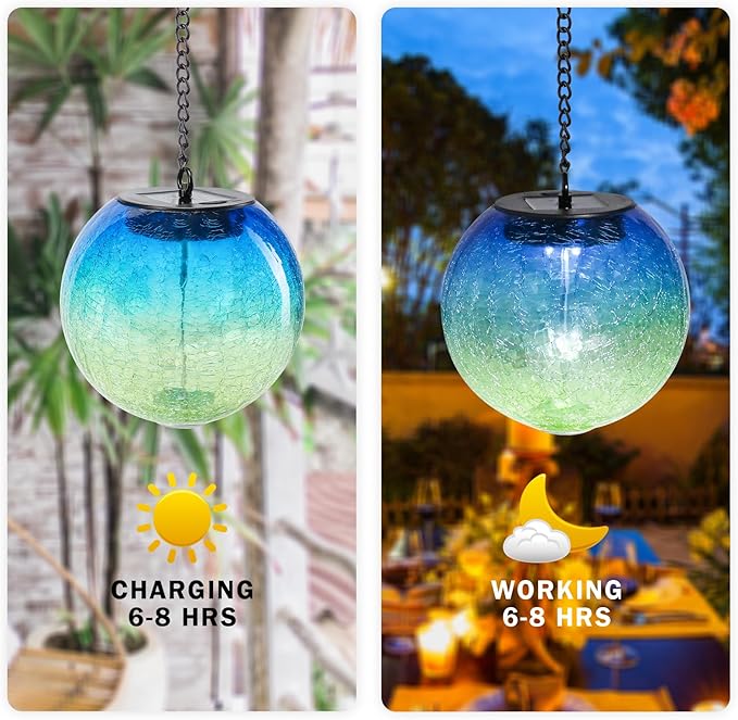 Hanging Solar Lights Outdoor Solar Lanterns Outdoor Decorative Cracked Glass Ball Lights Solar Powered Waterproof LED Globe Lantern for Outdoor Porch Patio Garden Decor Gift Blue&Green