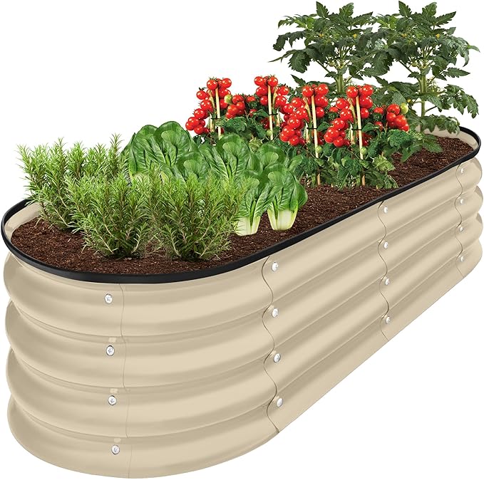 Best Choice Products 4x2x1ft Outdoor Metal Raised Garden Bed, Oval Deep Root Planter Box for Vegetables, Flowers, Herbs, and Succulents w/ 51 Gallon Capacity, Rubber Edge Guard - Beige