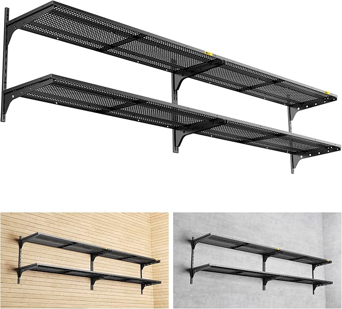 2-Pack 2 Tier 1.3x4ft Garage Shelving Wall Mounted, 800 lbs Load Capacity，15.6x48inch per Shelf Height Cassette Adjustable Floating Shelves(Black)