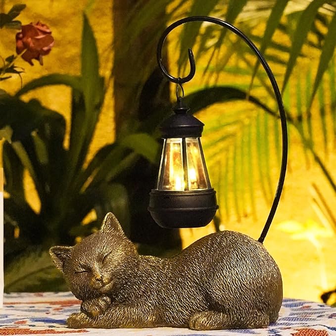 Cat Statue for Garden - 13' Sleeping Cat Figurines Solar Light Resin Garden Statues with Large Lantern Outdoor Waterproof Lawn Porch Ornament Decor, Gift for Mom