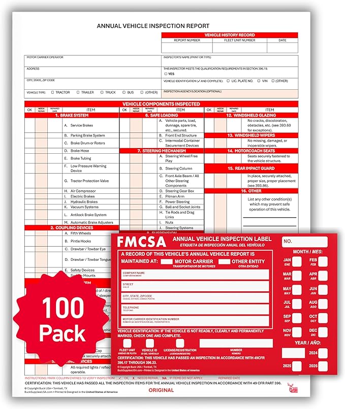 100 Pack 3-Ply Carbonless Annual Vehicle Inspection Report Forms with FMCSA Red Aluminum Adhesive Labels, DOT Inspection Forms and Stickers, Shrink-Wrapped, 8.5" x 11.75" - Made in USA
