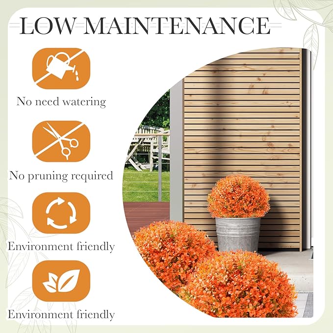 Yunlly 2 Pack 18" Artificial Boxwood Ball Bush Topiary Trees Fake Outdoor Plants, Realistic UV Resistance Faux Shrubs with Spike Greenery Topiary for Front Porch Garden Yard Patio Indoor (Orange)