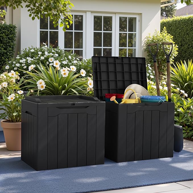Greesum 31 Gallon Deck Box for Outside, All Weather Outdoor Storage Boxes for Patio Furniture Set, Package Delivery Box, Garden Tools, Black(Set of 2)