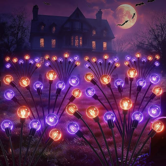 4Pack Halloween Decorations Outdoor, KELME Purple & Orange 32 LED Swaying Solar Halloween Lights Outdoor, 2 Modes Outdoor Halloween Decorations Decor Halloween Solar Lights for Party Yard Garden