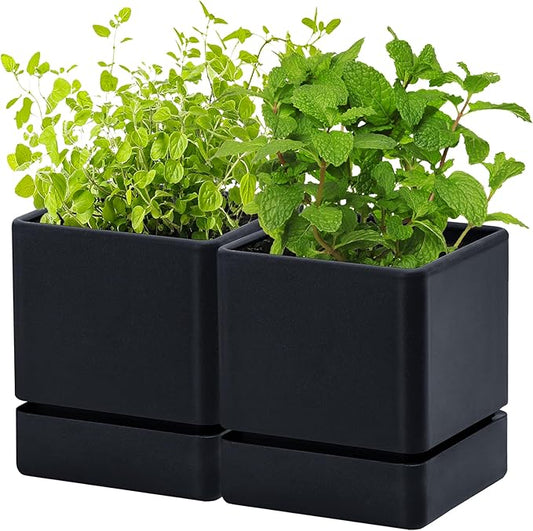 4 Inch Herb Planter Pot, Plastic Planter with Drainage Holes and Saucer, Modern Decorative Gardening Pot for Indoor Plants, Flowers, Herbs, Succulents, Black, Set of 2, 76-Y-B-2