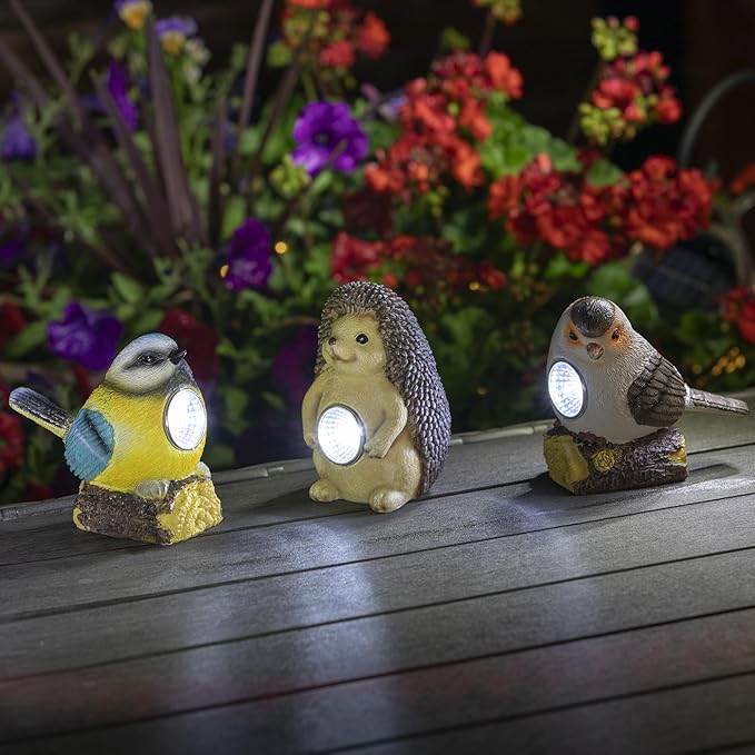 Outdoor Garden Solar Decor Light Set of 3 (2 Birds,1 Hedgehog) | Waterproof Solar Powered Lights for Yard, Patio & Walkway | Energy-Efficient & Weatherproof Garden Decor