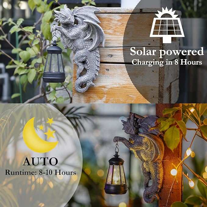 Dragon Statue Solar Lantern for Garden Décor, Dragons Figurine Night Light, 10”Outdoor Decorative Lamp, Mountable on Trees/Walls/Fences. Birthday/Housewarming Gifts for Dragon Fans
