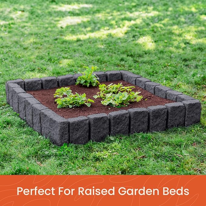 Beuta Landscape Edging | Garden Edging Border | Faux Stone Block XL for Lawn Edging, Flower Beds & Yard Edging – 4 Pack | Each Section Has 6 Blocks 48" L x 4" W x 9.5" H | 12 Spikes | Charcoal