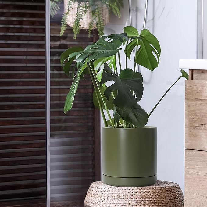 D'vine Dev 10 Inch Ceramic Planter Pot with Drainage Hole and Saucer, Indoor Cylinder Round Planter Pot, Olive, 94-O-E-J