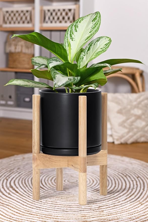 D'vine Dev Ceramic Planter with Natural Stand - 8 Inch Modern Round Flower Pot with Wood Planter Holder, Black, 55-B-N-2