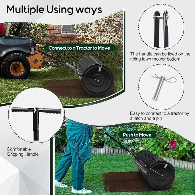 Compost and Peat Moss Spreader with Updated 2 in 1 ATV & T Shaped Handle, 16”WX48”L, Lawn and Garden Peat Moss Roller w/Laser Cutting Wire Mesh Baskets for Spreading Manure, Topsoil