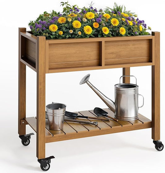 YITAHOME Raised Garden Bed, HIPS Poly Wood Elevated Planter Box with Shelf & Wheels for Mobility, Small Flower Box Stand for Patio Balcony Garden Backyard, Teak