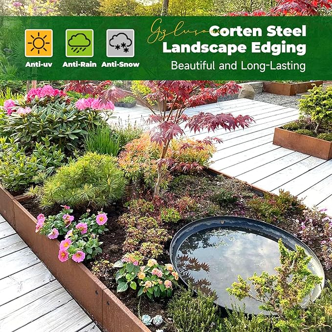 Cortens Steel Garden Metal Landscape Edging 40 inch with Top Bending Protection Pre-Rusted Cortens Steel Garden Edging 8 Inch Depth 90 Degree Bend 6 Pack for Lawn Yard (8 inch-90 Degree Bend, Rusted)
