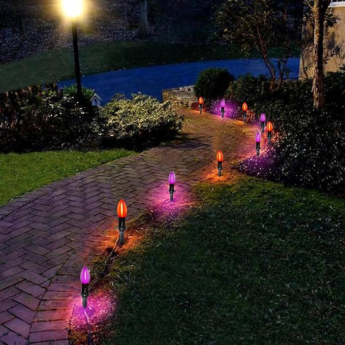 C9 Outdoor Halloween Pathway Lights, 19.5Ft C9 LED Orange Purple Halloween Pathway Marker Lights with 10 Stakes, Halloween Decorations Walkway Lights Waterproof for Driveway Lawn Yard Sidewalk Garden