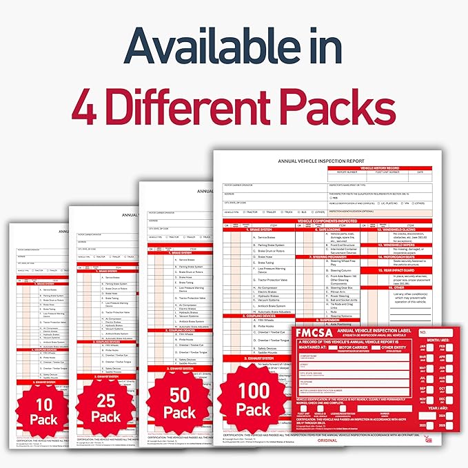 100 Pack 3-Ply Carbonless Annual Vehicle Inspection Report Forms with FMCSA Red Aluminum Adhesive Labels, DOT Inspection Forms and Stickers, Shrink-Wrapped, 8.5" x 11.75" - Made in USA