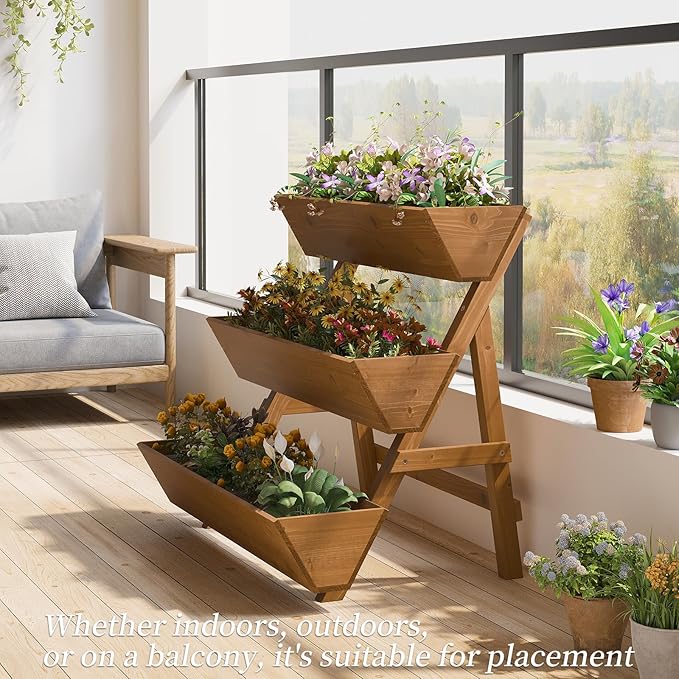 3-Tiers Wooden Raised Garden Bed,Wood Planter Box for Vegetable,Flower Rack,Flower Pot Stands,Indoor Outdoor Gardening Planting Beds (Brown, Large)