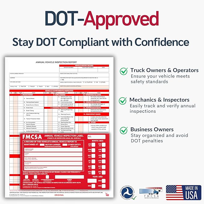 10 Pack Buck Aluminum Annual Vehicle Inspection Label with Punch Boxes, 2 Mil Red FMCSA Self Adhesive Sticker, DOT Compliant, Weatherproof, Tear Resistant, Easy to Write On, 6" x 3.5" - Made in USA