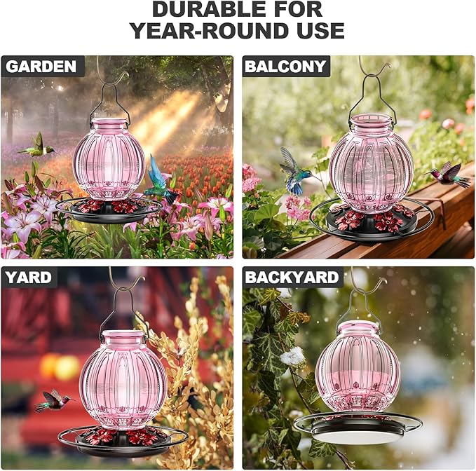Glass Hummingbird Feeder for Outdoors Hanging, Bird Nectar Feeder with Perch & 5 Flower Feeding Ports, 26 Oz Leak Proof for Outside Garden Decor Backyard, Gifts for Women Mom, Pink