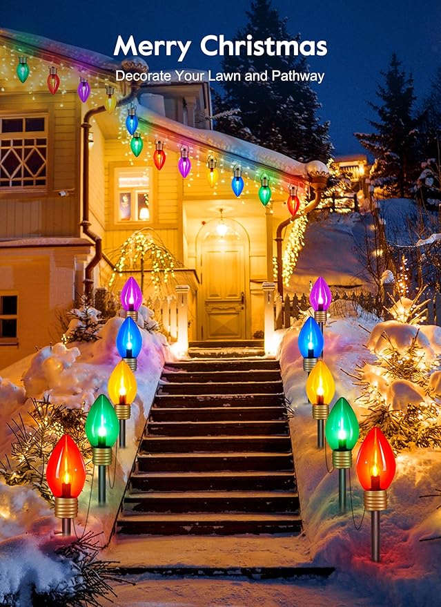Jumbo C9 Christmas Lights Outdoor Decorations Lawn with Pathway Marker Stakes, 8.5 Feet LED Lights Covered Jumbo Multicolored Light Bulb for Holiday Outside Yard Garden Decor, 5 Lights