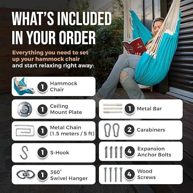 Hanging Hammock Chair Swing – Hanging Chair Outdoor & Indoor - Hammock Swing Chair – Quick & Easy Setup with Hardware Kit – Durable & Spacious Full Body Support – Holds 440 Lbs