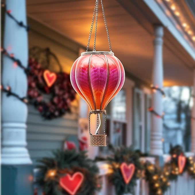 TERESA'S COLLECTIONS Hot Air Balloon Solar Lantern for Garden Decor ,Flickering Flame Hanging Solar Light for Outdoor ,Red Plastic Lamp for Yard Tree Gift for Mom