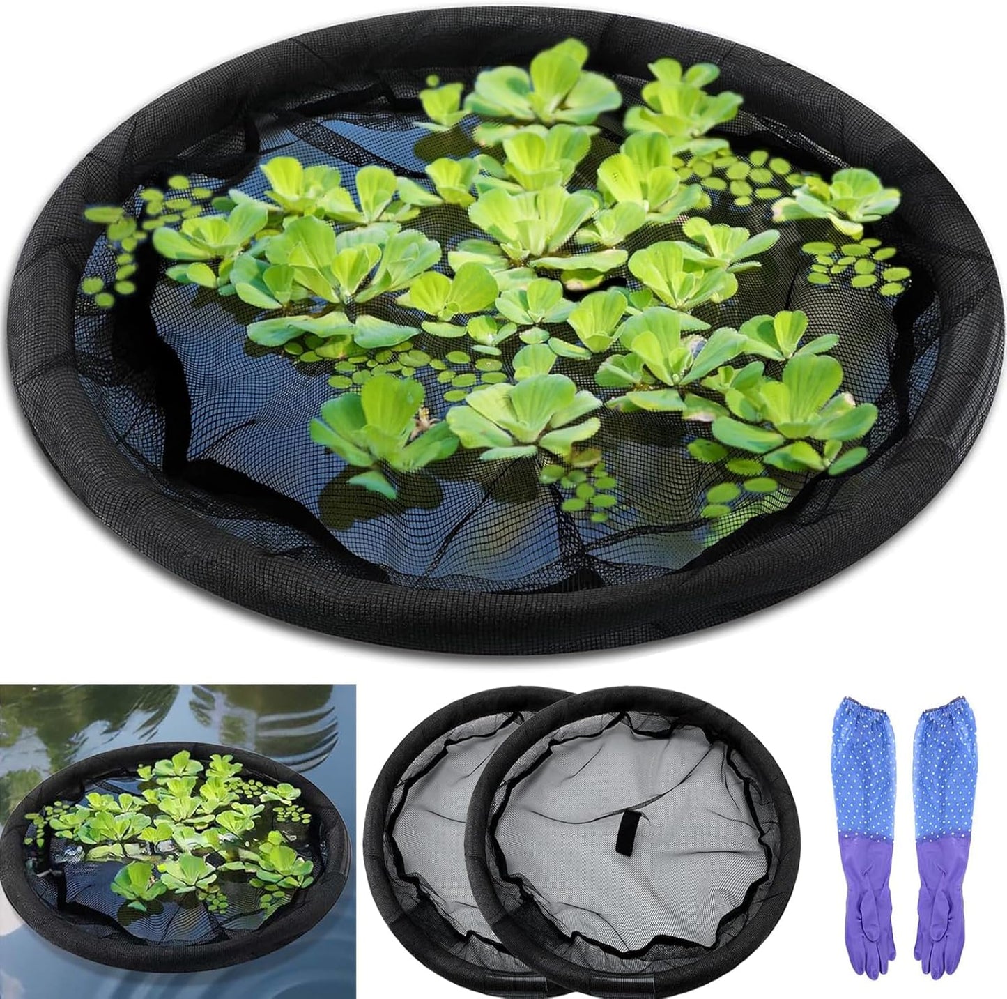 2Pack Round Floating Flora Fish Barrier-17.7Inch Black Pond Plant Protector, Floating Island/Planter Pond,UV Resistant Net to Shield Floating Plant(Lotus/Water Lilies)from Koi, with Waterproof Gloves