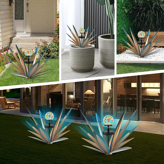 Enlarge Metal Plants Tequila Rustic Sculpture, Outdoor Patio Yard, Home Decor Hand Painted Agave Garden Statue, Outdoor Lawn Ornaments Yard Stakes for Mom Gift (1 Solar Blue)