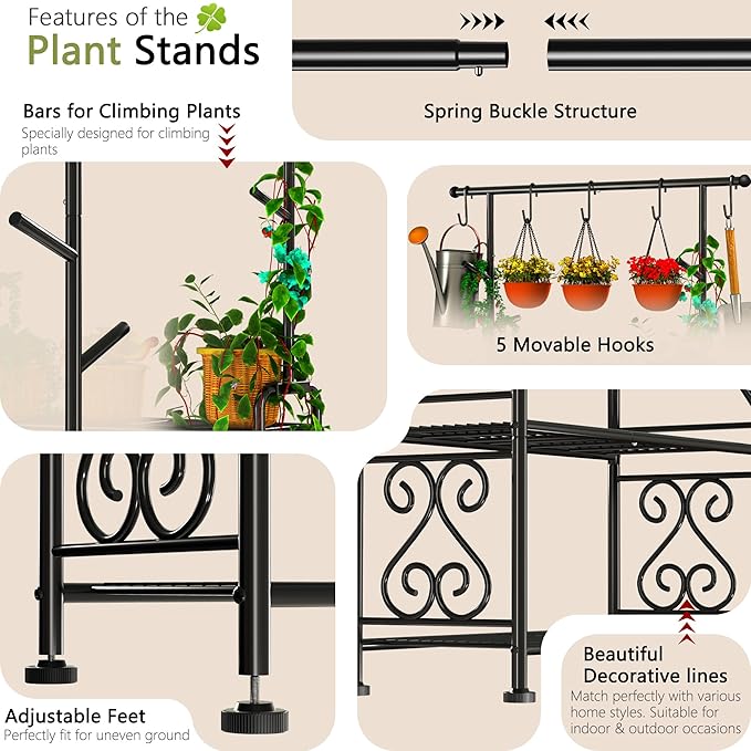 GIOTORENT Plant Stand Indoor Outdoor, 3-Tier Heavy Duty Metal Shelves, Display up to 14 Multiple Plants, Tall Plant Holder with Plant Hanger, Suit for Patio Living Room Garden Balcony, 5 Hooks, Black