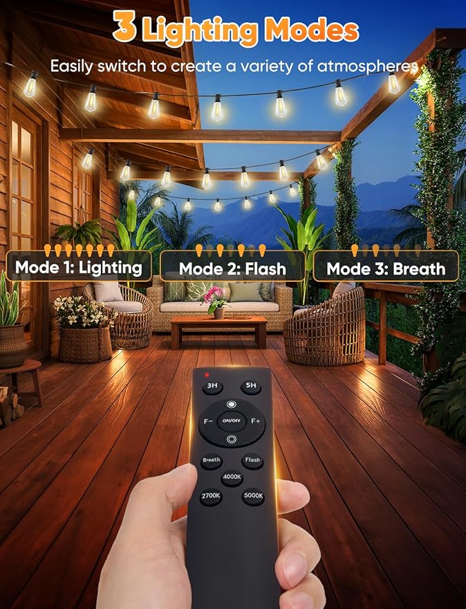 Brightever 180FT LED String Lights with Remote Control, 2700K/4000K/5000K Selectable Outdoor Patio Lights with 56 Shatterproof ST38 Edison Bulbs, 3 Modes Dimmable Outside Light for Yard, Porch