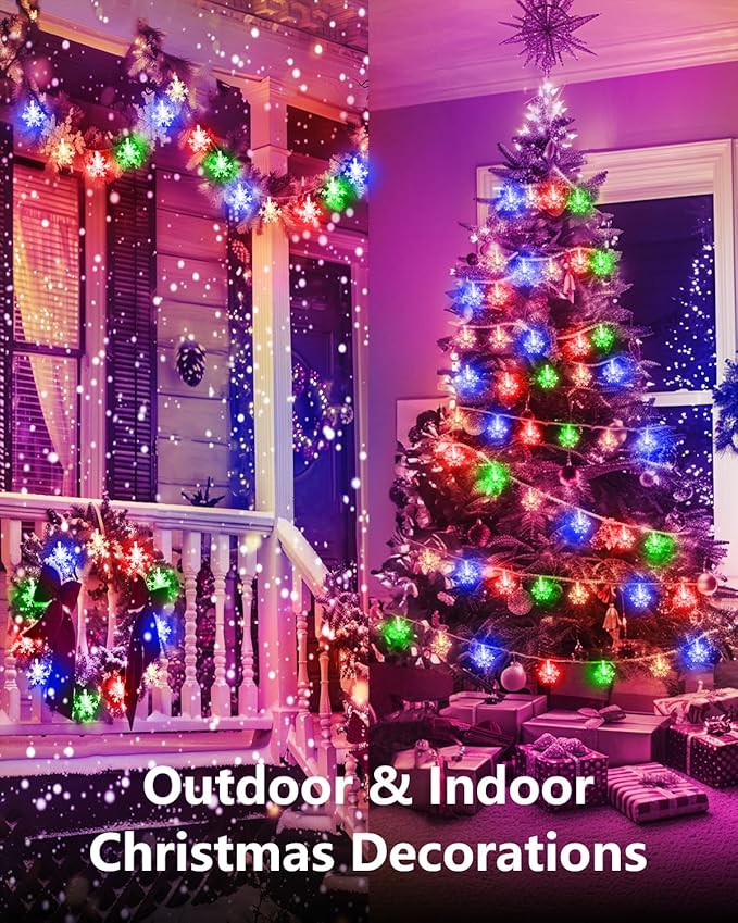 Brightown Solar Christmas Snowflake String Lights, 72FT 200 LED Outdoor Waterproof Fairy Lights with 8 Lighting Modes for Wedding, Party, Tree, Room, Garden, Patio, Yard, Home, Muliticolor