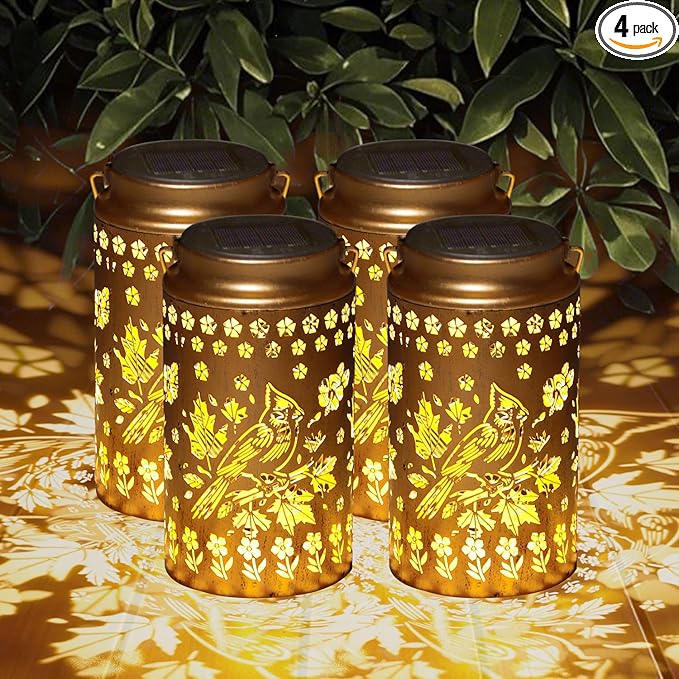 4 Pack Cardinal Solar Lanterns Outdoor Waterproof, Metal Hanging Lights Decorations for Garden Yard Lawn Patio, Cardinal Gifts for Women Mom Grandma Gardener for Mother'Day Christmas