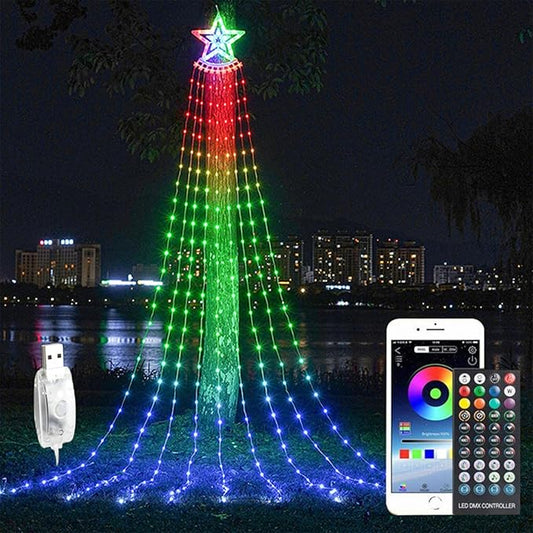 Outdoor Christmas Decorations Star String Light with Remote APP Control 10FT 305LED Waterfall Christmas Tree Light RGB Color Changing Waterproof Hanging Twinkle Fairy Light 210 Mode Timer Music Sync