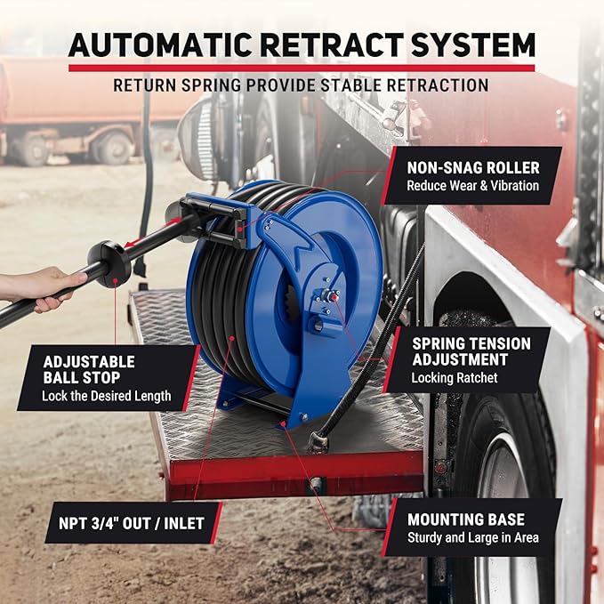 Fuel Hose Reel Retractable with Fueling Nozzle, 3/4" x 50" Heavy Duty Steel, 300PSI Industrial Auto Swivel, Spring Driven Diesel Hose Reel for Construction Farm Ship Vehicle Tank, Blue