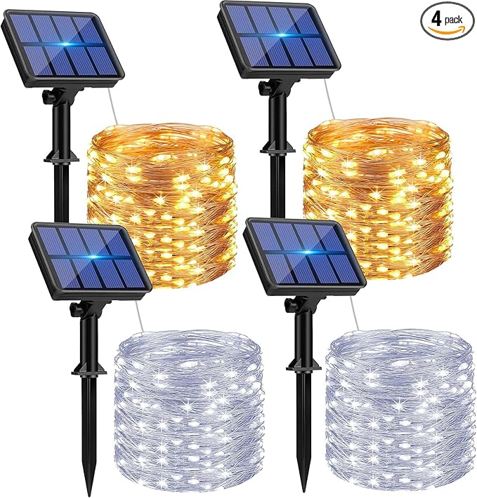 4 Pack Solar String Lights Outdoor - 320LED 132FT Solar Fairy Lights Outside Waterproof 8 Modes, Copper Wire Solar Powered Twinkling Lights for Tree Garden Patio Christmas Wedding Party Decorations
