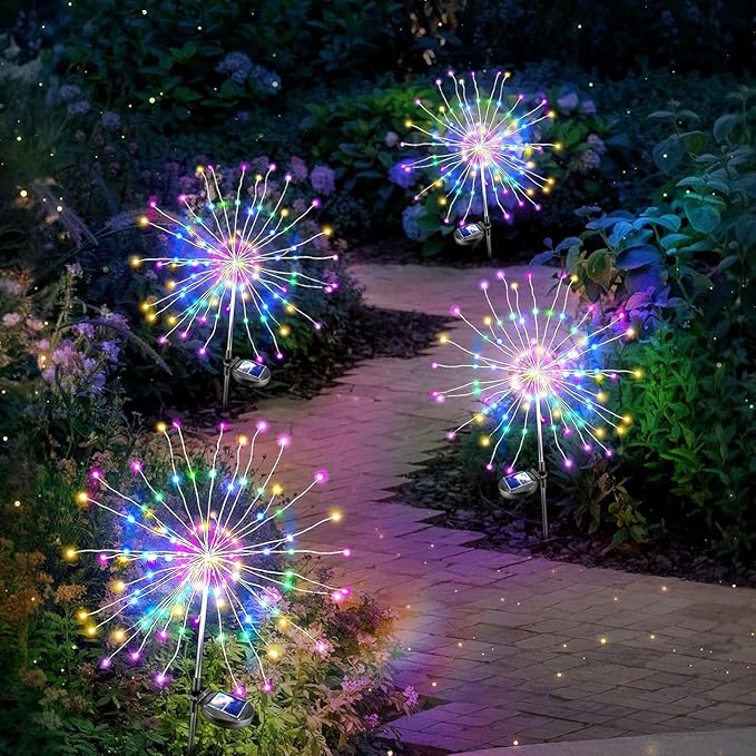 4 Pack Solar Firework Lights 150 LED Create Magical Nights, Waterproof Starburst Fairy Lights for Garden Yard Patio Christmas Romantic Wedding Party Decor(Color)