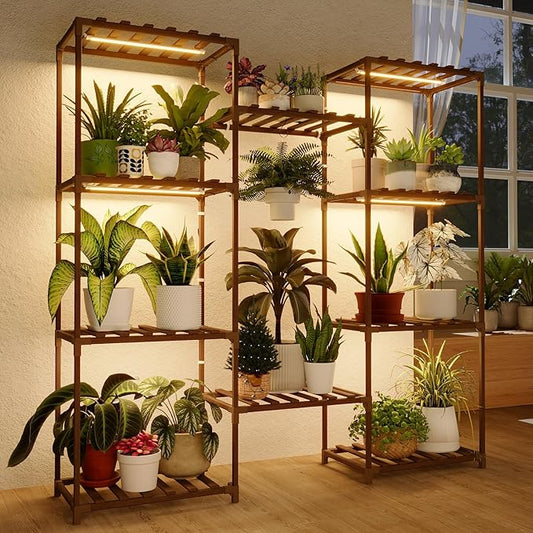 Bamworld Plant Stand with Grow Lights Large Plant Shelf for Mutiple Pots Plant Holder for Living Room Patio Boho Home Decor for Gardening Warm Light