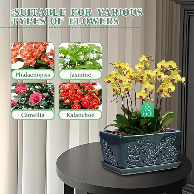 Ceramic Orchid Pot, 10 Inch Rectangular Orchid Pots with Holes, Premium Thickened Handmade Glazed Pot for Orchidaceae Plants, Indoor Outdoor Decorative Flower Pot for Easy Repotting