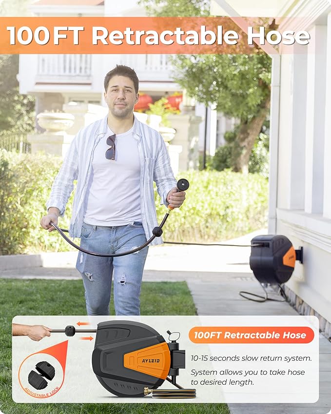 Ayleid Retractable Garden Hose Reel,1/2 in x 100 ft Wall Mounted Hose Reel, with 9- Function Sprayer Nozzle, Any Length Lock/Slow Return System/Wall Mounted/180°Swivel Bracket (Black)