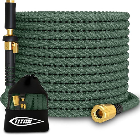 TITAN Flexible Garden Hose 15FT – Ultra Lightweight, Heavy Duty Water Hose with Brass Fittings & Jet Nozzle – Kink-Free, Non-Expanding, Durable Fabric Hose for Yard, Lawn, Car Wash, Outdoor Use