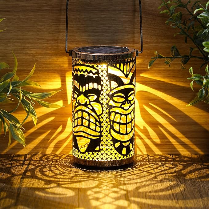 2 Pack Tiki Solar Lanterns Tiki Bar Light Decor Outdoor Waterproof Gifts for Women Men Hanging Lantern Metal Hollowed Out Decor for Summer Garden Patio Lawn Porch Festival Party