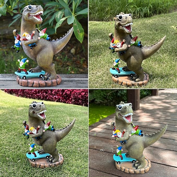 Garden Statue Outdoor Decoration, Cool Dinosaur Play Skateboard with Gnomes Figurines, Indoor Outdoor Decor Art for Patio Lawn Yard, Housewarming Garden Gift…