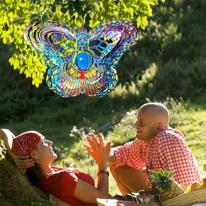 FONMY Mandala Wind Spinner w/Crystal Ball-Butterfly 3D Stainless Steel Hanging Spinners Worth Gift Christmas Decoration Indoor/Outdoor Garden Décor Kinetic Yard Art 12 Inches Wind Sculpture