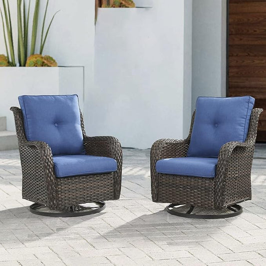 Outdoor Patio Swivel Rocker Chairs - Wicker Rattan Patio Swivel Rocking Chairs Set of 2 with High Back,Deep Seating and Comfort Cushions for Deck Porch Garden,Brown/Blue