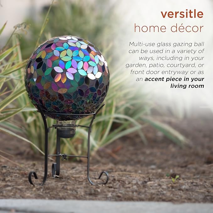 Alpine Corporation 10" Diameter Indoor/Outdoor Glass Mosaic Gazing Globe Yard Decoration, Purple Pearlized Petals Design