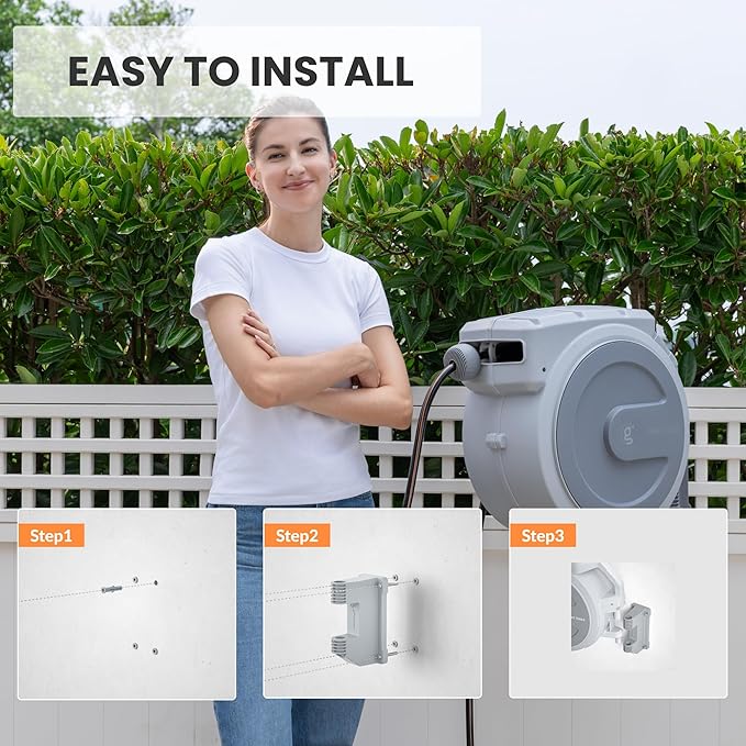 Giraffe Tools Retractable Garden Hose Reel, 5/8 in x 90 ft Heavy Duty Hose Reel With 9 Pattern Nozzle, Any Length Lock, Wall Mount Water Hose Reel, 180°Swivel, Light Grey