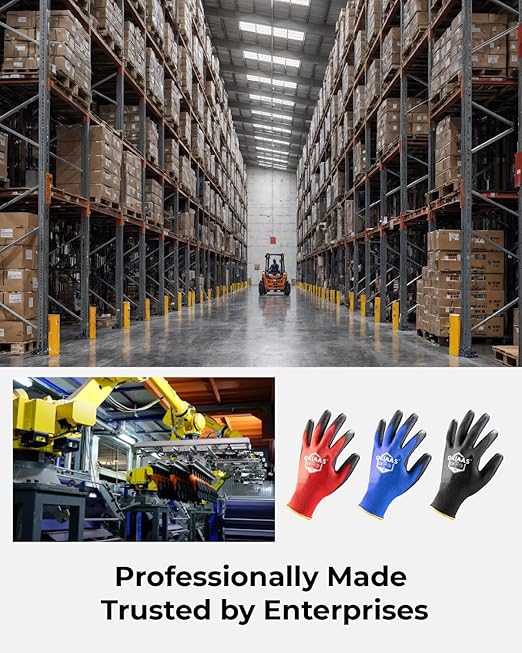 OKIAAS Work Gloves for Men - Ultra Thin and Lightweight With Grip, Bulk Case of 60 Pairs, Polyurethane Coating for Construction and Light Duty Work (Black, X-Large)