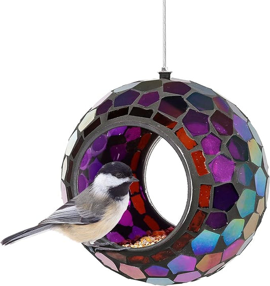 Sunnydaze 6-Inch Glass Mosaic Hanging Bird Feeder for Outdoors - Fly-Through Wild Bird Feeder - Iridescent Purple Mosaic